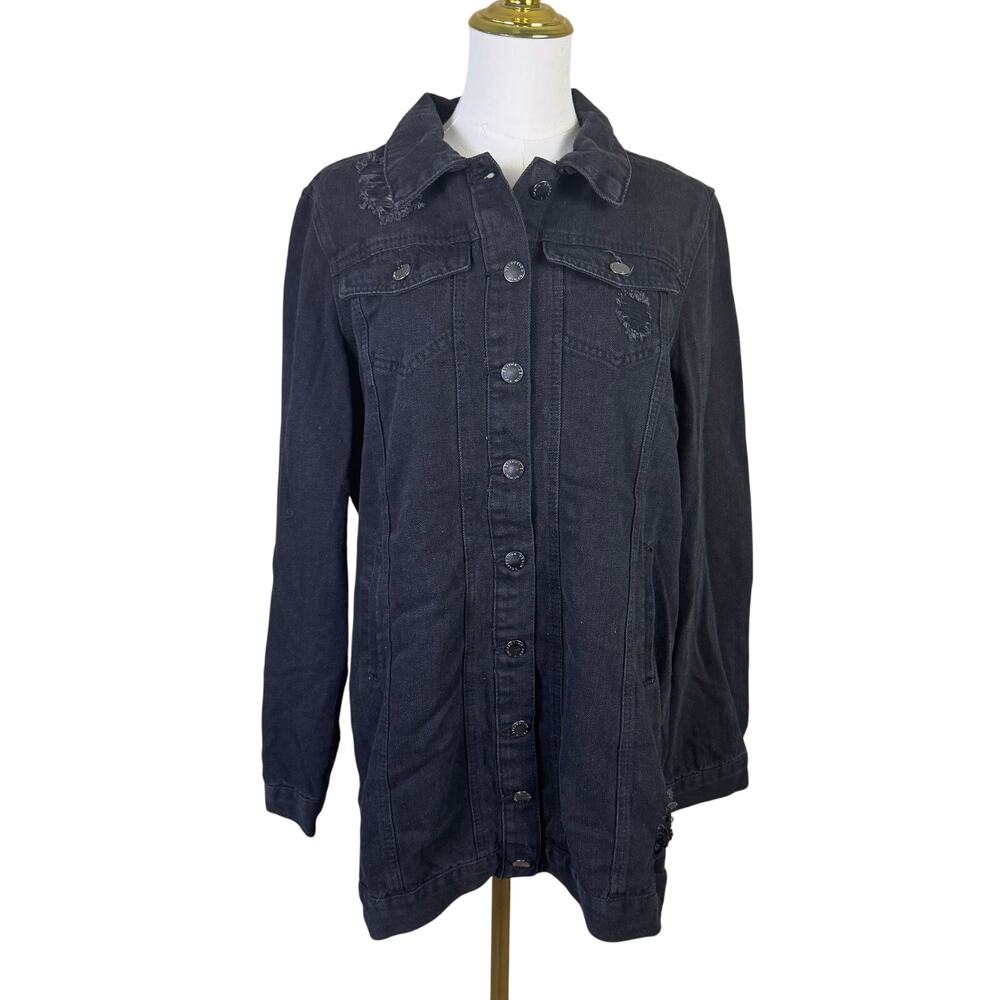 Ci Sono Distressed Long Black Denim Jacket US Women's L New
